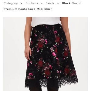TORRID Black Floral Ponte Lace Trim Midi Skirt